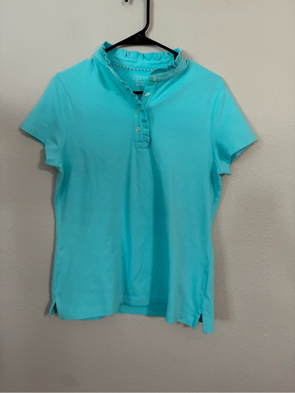 Lands End Women’s Ruffled Polo Top - Aqua Blue